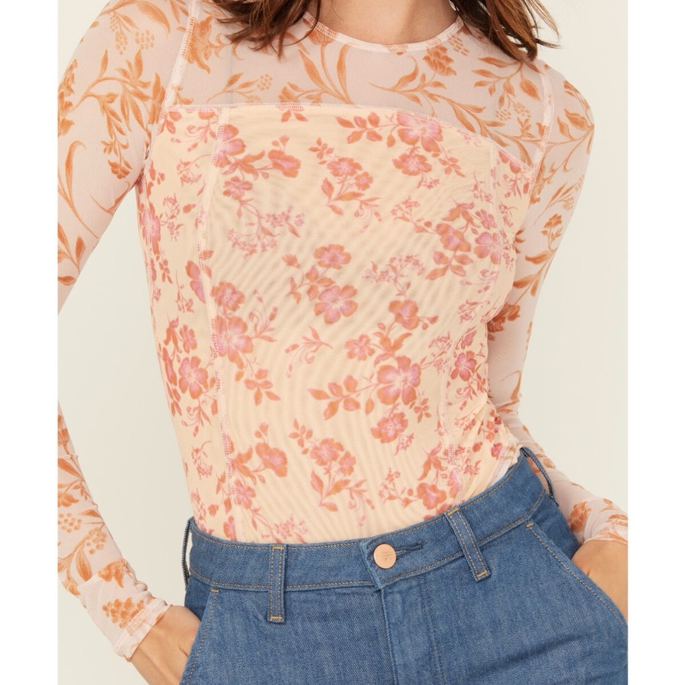 Free People Pink and Cream Floral Long Sleeve Top